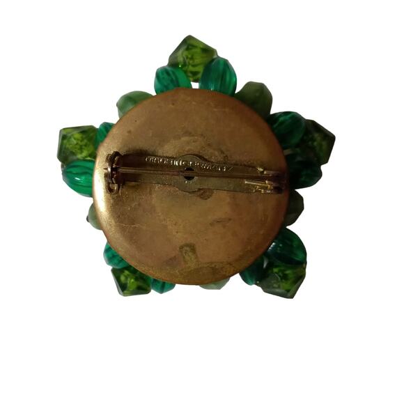 Vintage Green Cluster Brooch Signed Bronze Tone Beaded VTG - Picture 8 of 13